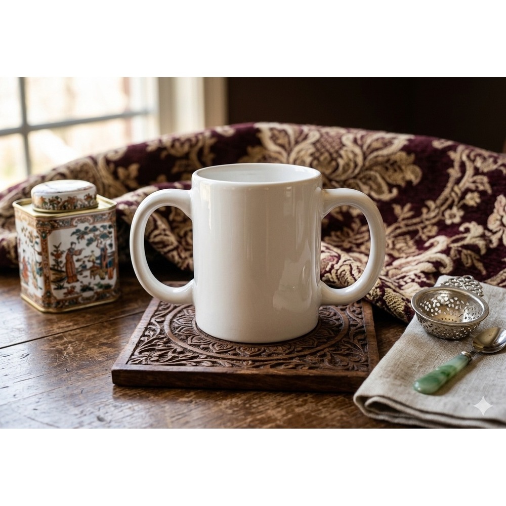 White Ceramic Two Handle Mug Double Handled Coffee Cup Stability Assistive Tea